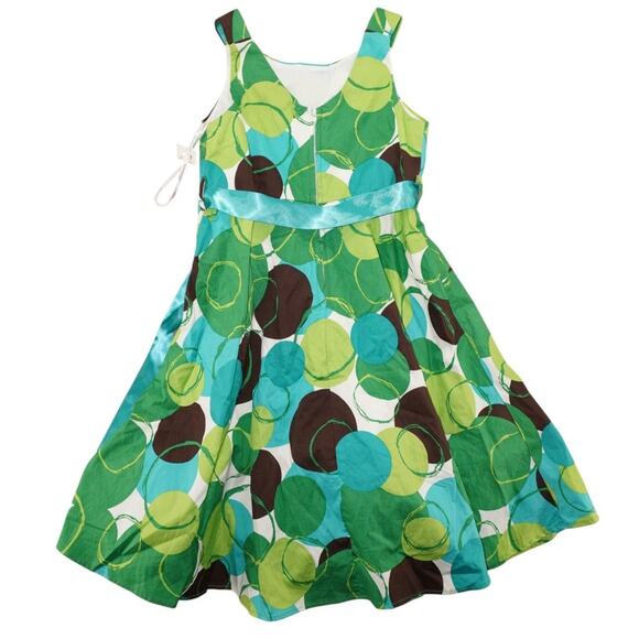 Girls Green Blue Polka Dot Fit & Flare Dress with Satin Bow Belt 10 - Picture 3 of 4